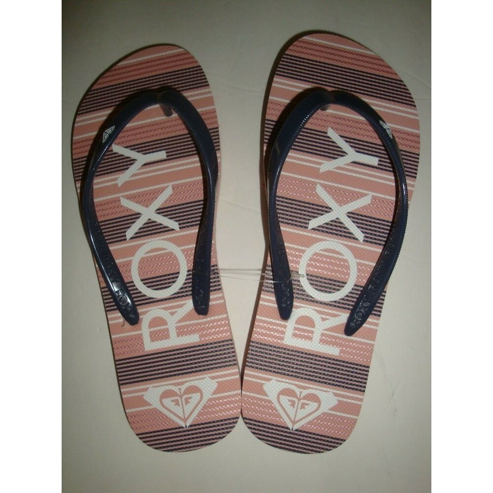 New Roxy Women's Flip Flops Thong Sandals Beach Swim Blue/White Stripe Pink 10